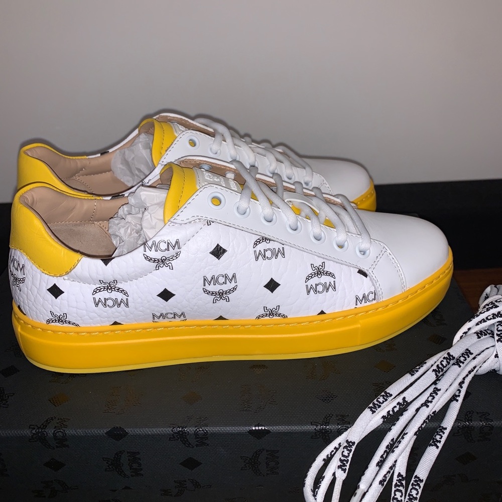 MCM White & Yellow Logo Low-Top Sneakers - Picture 3 of 12